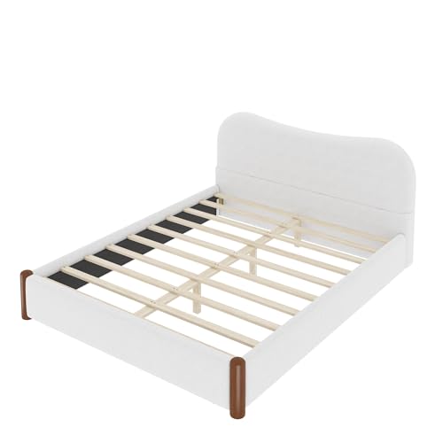 JIVOIT Queen Berber Fleece Upholstered Bed with Headboard, Wood Supporting Feet (White/Queen,30)