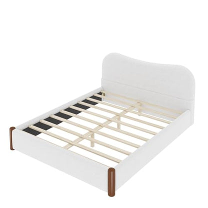 JIVOIT Queen Berber Fleece Upholstered Bed with Headboard, Wood Supporting Feet (White/Queen,30)