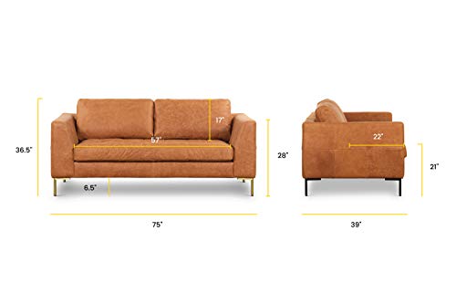 Poly & BARK Calle 75" Apartment Sofa, Full-Grain Pure-Aniline Italian Leather, Cognac Tan, Brass Legs