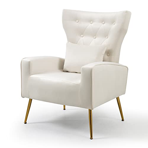 Button-Tufted Living Room Chairs, WingBack Velvet Accent Chair Armchair with Lumbar Pillow, Bedroom Chairs Arm Chair with Golden Legs, Cream