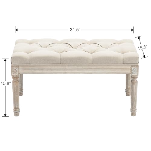 Upholstered Fabric Entryway Bench, Tufted Piano Bench for 2 People, Rubber Wood Legs with Beautiful Carved Pattern for Bedroom/Living Room/Dining Room (Beige)