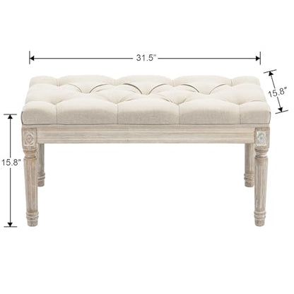 Upholstered Fabric Entryway Bench, Tufted Piano Bench for 2 People, Rubber Wood Legs with Beautiful Carved Pattern for Bedroom/Living Room/Dining Room (Beige)