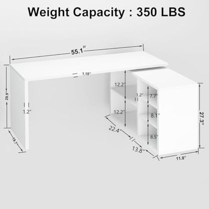 White L Shaped Desk with Shelf, Reversible Modern Home Office Desk Workstation, L Shape Computer Desk with Storage Cabinet Drawer, Industrial Wood Corner Table for Work Study Writing Gaming, 55 In