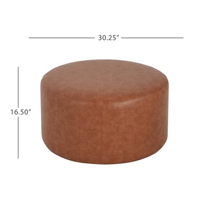 GAVI PU Leather Ottoman Foot Stool, 30" Pouf Footstool Ottoman Seat, Upholstered Foot Chair, Round Footrest, Modern Side Table for Living Room Bedroom Home Decor, Cognac Brown