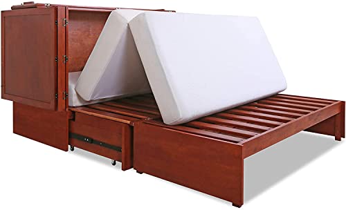 Daily Delight Murphy Cabinet Chest Bed with Charging Station & 6" Memory Foam Mattress, Queen (Cherry)