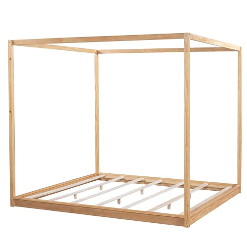 Modern King Size Wood Canopy Bed Floor Platform Bed Frame/No Box Spring, view 8