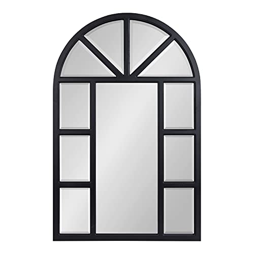 Hogan Rustic Wood Framed Arch Windowpane Wall Mirror, 24 x 36, Distressed Black, Chic Farmhouse Wall Decor