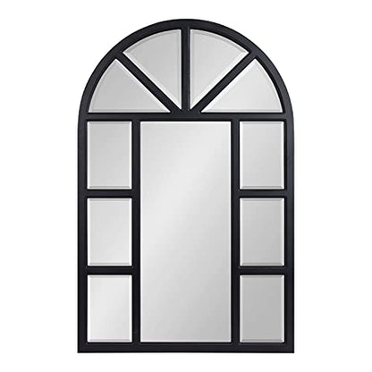 Hogan Rustic Wood Framed Arch Windowpane Wall Mirror, 24 x 36, Distressed Black, Chic Farmhouse Wall Decor