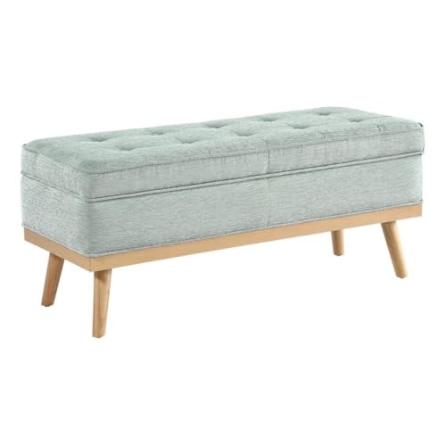 Mid-Century Modern Storage Bench, Mist Green Fabric, Wood Legs, Button-Tufted Design, Soft-Close Hinged Top, 43.5" L x 17" D x 18.5" H, Extra Seating and Hidden Storage for Entryway or