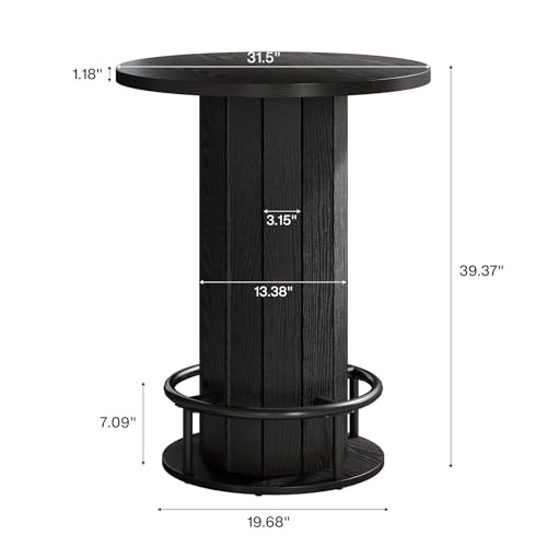 Tribesigns Round Bar Table, 39.4" H Wood Bistro Pub Table with Metal Ring Footrest for Dining Coffee Cocktail Living Room, Small Space, Black (Only Table)