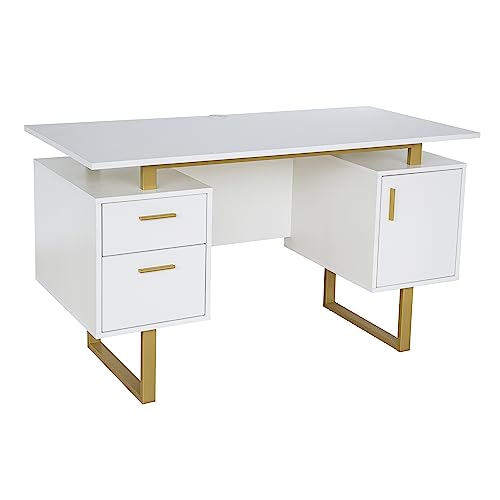Storage Drawers and Cabinet 51.25” W-Modern Office Large Floating Desktop Surface Desk, 23.6" D x 51.2" W x 29.8" H, White/Gold