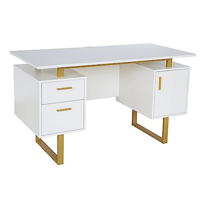 Storage Drawers and Cabinet 51.25” W-Modern Office Large Floating Desktop Surface Desk, 23.6" D x 51.2" W x 29.8" H, White/Gold
