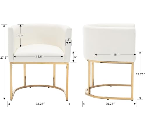 Faux Leather Dining Chairs Set of 2 Modern Barrel Arm Chairs with Golden Metal Frame, Upholstered Kitchen Chairs 18.5" Wide Accent Chairs for Living Room Dining Room Restaurant, White