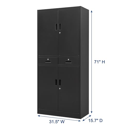 Metal Storage Cabinet, 71" Locking Storage Cabinet with Adjustable Shelves and 2 Drawers, Steel Cabinets for Office, Garage, Home, School, Utility Room(Black)