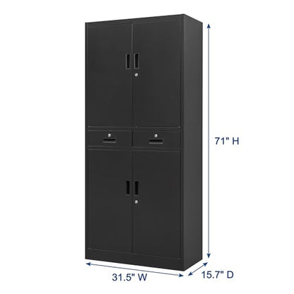 Metal Storage Cabinet, 71" Locking Storage Cabinet with Adjustable Shelves and 2 Drawers, Steel Cabinets for Office, Garage, Home, School, Utility Room(Black)