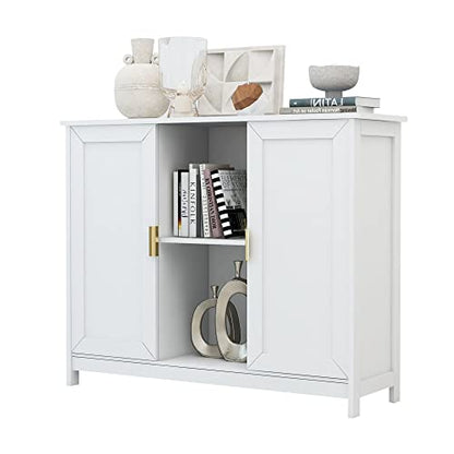 White Buffet Cabinet with Storage,Wooden Narrow Sideboard Entryway Cabinets,Modern White Cabinet with Doors Credenza