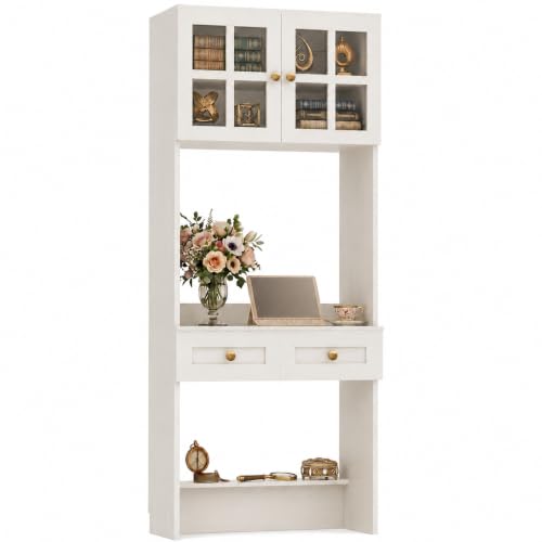 Farmhouse Desk with Glass Hutch, Small Writing Study Desk with Drawers, view 2