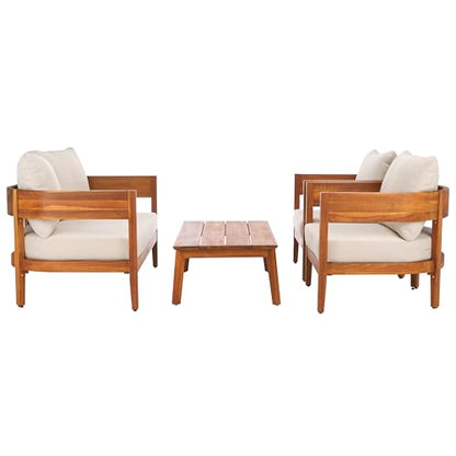 SAFAVIEH Outdoor Patio Furniture - Theo 4-Piece Set - Sand & Taupe - Acacia Wood - Conversation Set with Detachable Cushion Covers - Ideal for Patio, Deck, Porch, Backyard (PAT9511A-KIT2)