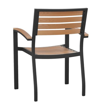 Stackable Aluminum Patio Chair - All-Weather Black Framed Side Chair with Faux Teak Slats - Commercial Grade - Set of 4