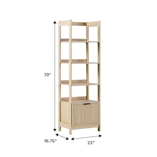 Transitional Reeded Narrow Open Bookshelf with Drawer on Bottom for Home Office, Living Room, Bedroom, 4-Shelf Bookcase with Bottom Storage, 22”W x 16.75”D x 70”H, Coastal Oak