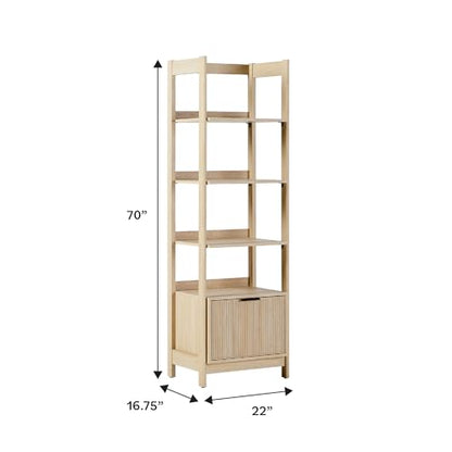 Transitional Reeded Narrow Open Bookshelf with Drawer on Bottom for Home Office, Living Room, Bedroom, 4-Shelf Bookcase with Bottom Storage, 22”W x 16.75”D x 70”H, Coastal Oak