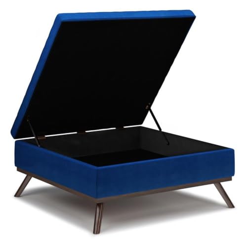36" Coffee Table Storage Ottoman, Blue Velvet Upholstery, Mid Century Style, Solid Wood Base, Hydraulic Lift-Up Lid with Child Safety Hinge, Large Interior Storage, Living Room Furniture