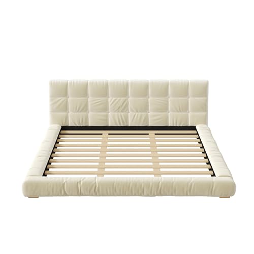 JIVOIT King Size Upholstered Platform Bed, Velvet Headboard Bed Base, Wood Slat (Beige-King-33)