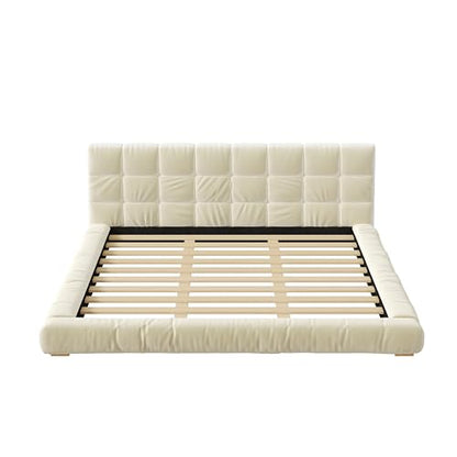 JIVOIT King Size Upholstered Platform Bed, Velvet Headboard Bed Base, Wood Slat (Beige-King-33)