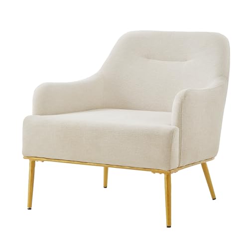 Justin Modern Accent Chair with Metal Legs, Chenille Upholstered Lounge Chair Indoor, Curved Backrest Armchair, Soft Cushion Seating for Living Room Reading Home, Beige