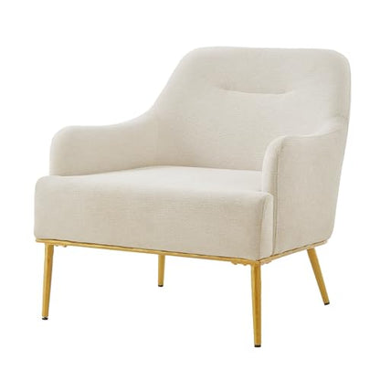 Justin Modern Accent Chair with Metal Legs, Chenille Upholstered Lounge Chair Indoor, Curved Backrest Armchair, Soft Cushion Seating for Living Room Reading Home, Beige