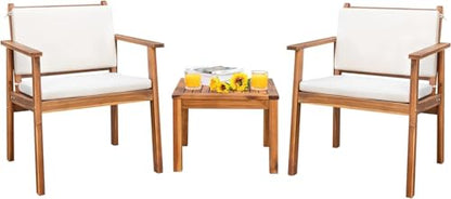 Patio Set 3 Piece Acacia Wood Outdoor Furniture Conversation Seat with Table & Cushions Porch Chairs for Balcony, Deck, Backyard, Beige