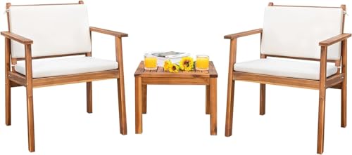 Patio Set 3 Piece Acacia Wood Outdoor Furniture Conversation Seat with Table & Cushions Porch Chairs for Balcony, Deck, Backyard, Beige