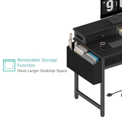Small Desk with Drawers for Home Office Bedroom, 31 inch Black Writing Study Desks with Fabric Drawers Storage, Gaming Desk Table with Power Outlet & Monitor Stand, Black