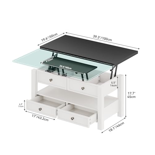 Lift Top Coffee Table, Multi-Functional Convertible Coffee Table with Drawers and Hidden Storage, Dining Table for Living Room, Home Office