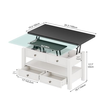 Lift Top Coffee Table, Multi-Functional Convertible Coffee Table with Drawers and Hidden Storage, Dining Table for Living Room, Home Office