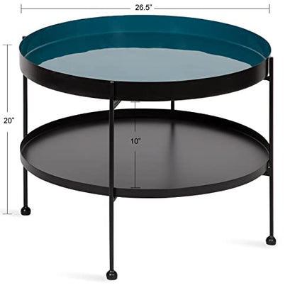 Nira Modern Round Two Tier Coffee Table; 26 Inch Diameter; Teal and Black; Decorative Glam Coffee Table for Storage and Display