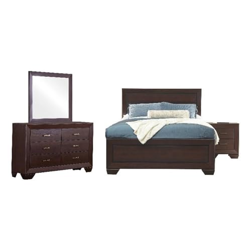 4 Piece Queen Panel Bedroom Set, Dark Cocoa Finish, Includes Bed, Dresser, Nightstand, and Mirror, Timeless Design with Storage, Elegant Bedroom Furniture for Sophisticated Style
