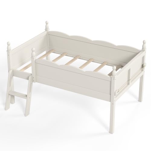 JIVOIT Twin Low Loft Bed, Solid Wood, Full Guardrails, Ladder & Side Bookshelf (Beige/ Twin,76)