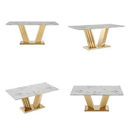 Marble Dining Table for 6 People, 70'' Rectangle Faux Marble Dining Table with Mirrored Stainless Steel Base, Large Size Marble Kitchen Table (Gold,White)(only Table)