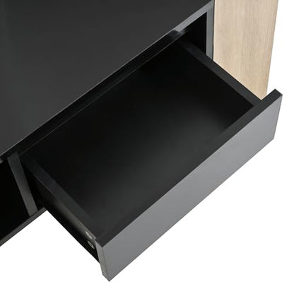 Modern Coffee Table with Storage, High Gloss Black and Natural Wood Finish, Living Room Center Table with 2 Drawers and Open Shelf, 41.3x23.6x15.7 Inches (Black Natural + Particle Board+MDF)