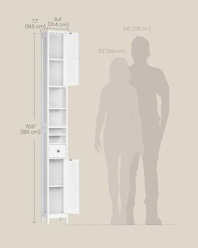 VASAGLE Tall Storage Cabinet, Slim Freestanding Floor Cabinet with Adjustable Shelves, Drawer, Open Compartments, for Small Spaces, Bathroom, Living Room, Modern, Cloud White UBBC765W01