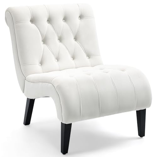Cream White Frosted Velvet Tufted Accent Chair with Wood Legs | Wide Thick Cushion; Non-Slip Rubber Wood Legs; Ergonomic Back; Easy Assembly; For Living Room Bedroom
