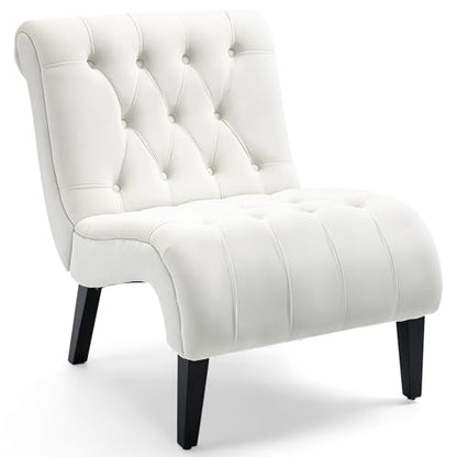 Cream White Frosted Velvet Tufted Accent Chair with Wood Legs | Wide Thick Cushion; Non-Slip Rubber Wood Legs; Ergonomic Back; Easy Assembly; For Living Room Bedroom