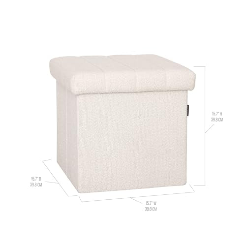 Seville Classics Cushioned Fabric Ottoman Hidden Storage Chest Footrest Chair, Padded Seat for Bedroom, Dorm, Loft, Living Room, Entryway, Hallway, White Boucle, 15.7" Cube