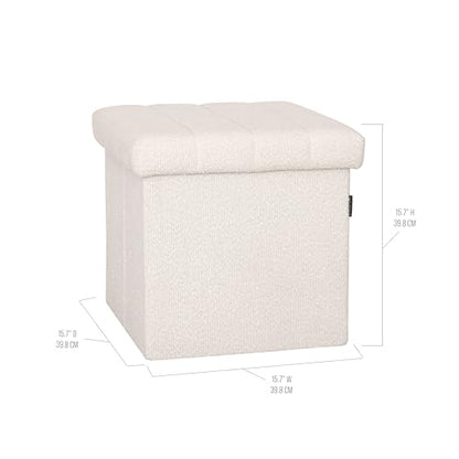 Seville Classics Cushioned Fabric Ottoman Hidden Storage Chest Footrest Chair, Padded Seat for Bedroom, Dorm, Loft, Living Room, Entryway, Hallway, White Boucle, 15.7" Cube