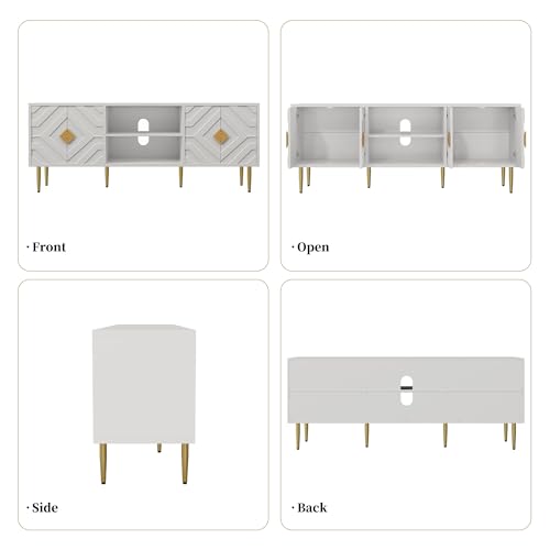63'' White TV Stand for 65/70/75 inch TV, Entertainment Center with Storage Cabinets and Embossed Pattern Doors, Mid Century Modern Media TV Console Table for Living Room Bedroom