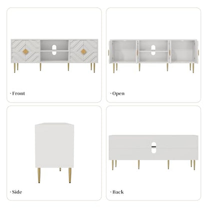 63'' White TV Stand for 65/70/75 inch TV, Entertainment Center with Storage Cabinets and Embossed Pattern Doors, Mid Century Modern Media TV Console Table for Living Room Bedroom