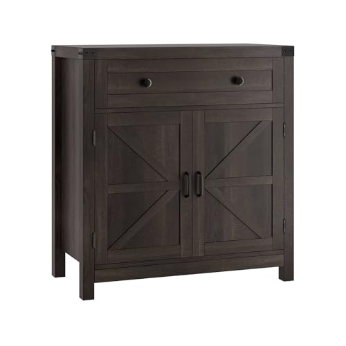 Coffee Bar Cabinet, Kitchen Storage Cabinet, Modern Farmhouse Buffet Sideboard with Drawer and Adjustable Shelf, Barn Door Accent Cabinets for Kitchen, Dining Room, Entryway, Dark Brown