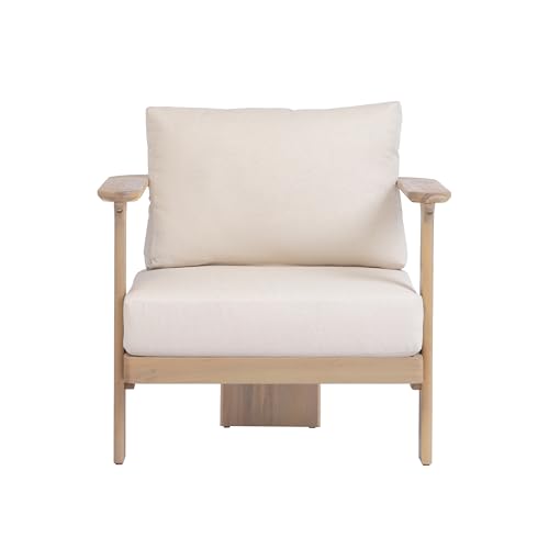 Kera Acacia Wood Lounge Chair Outdoor with Removable Cushion, Solid Wood Patio Accent Chair with Cushion, Patio Furniture Set Sofa Chair, Beige+Brown