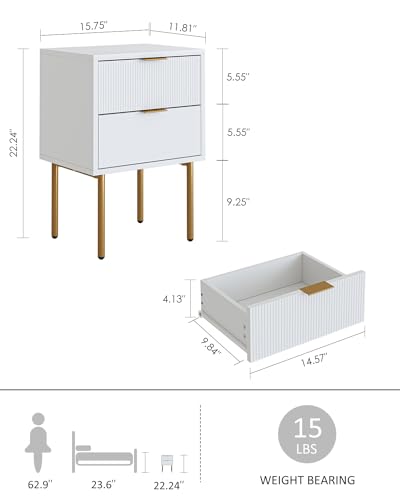 Nightstand,Small Bedside Table with Gold Frame,White Night Stand,Bedside Furniture,Side Table with 2Drawers for Bedroom,Living Room (2Drawers, White)